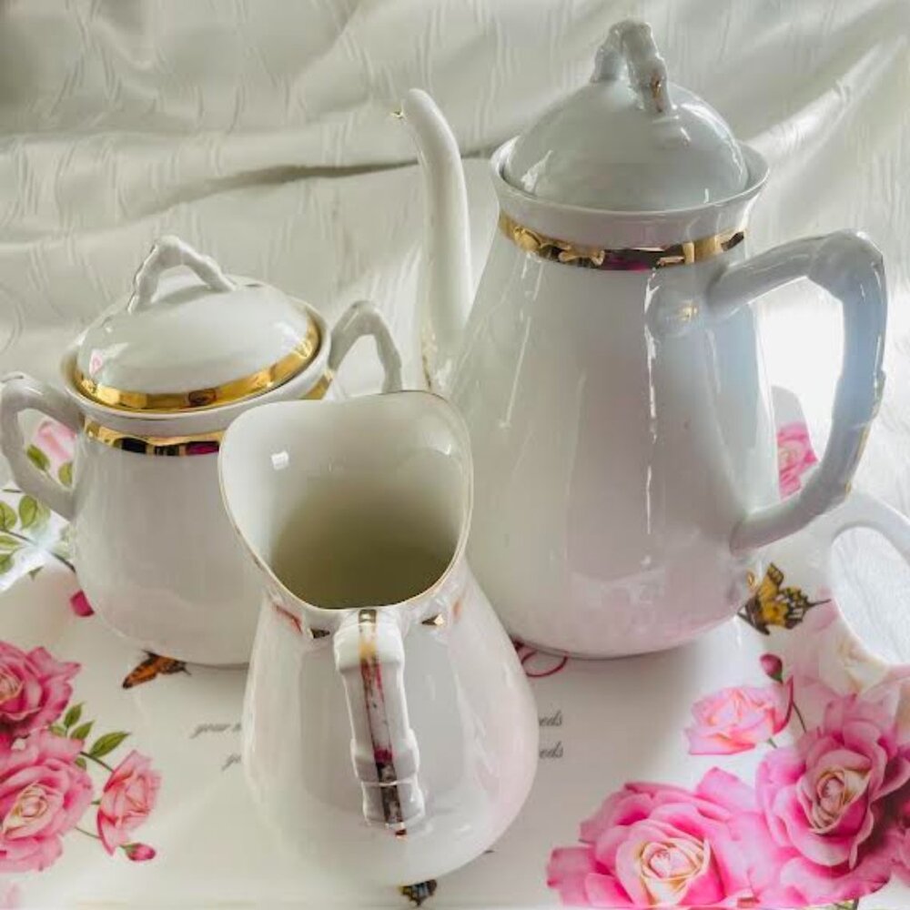 Beautiful  Tea Set, French Limoges Teapot, Sugar & Cream Jug, Vintage Teaware